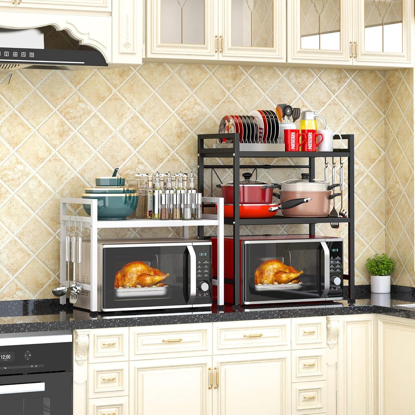 PUSDON Microwave Oven Rack, Adjustable Heavy Duty 3-Tier Shelf with 3 Hooks for Kitchen Counter Top Organizer, Holds 160lbs, Black