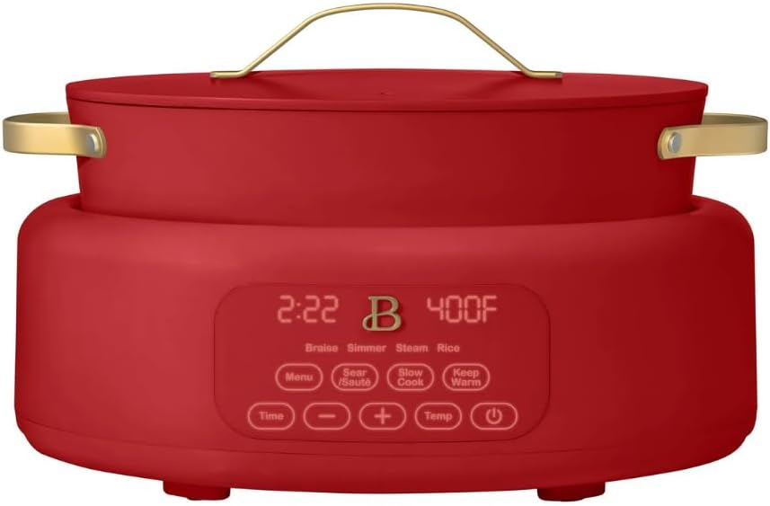 Beautiful 10-in-1 6Qt Electric Multi-Cooker with 7 Presets, Oven-Safe Pot & Lid, Sauté, Steam, Slow Cook, Slow Cooker, Simmer, Rice & More – Touch Display, Dishwasher Safe, Serves Up to 7 (Tomato Red)