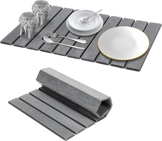 Large Stone Dish Drying Mat for Kitchen Counter 24”x16” Quick Dry & Super Absorbent Diatomaceous Earth Stone Drying Mat, Foldable, Sustainable Roll Away Dish Mat for Dishes, Bottles & Cups Gray