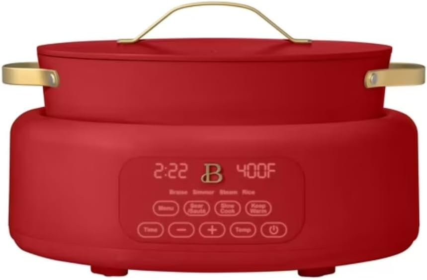 Beautiful 10-in-1 Electric Multi-Cooker by Drew Barrymore, 6-quart, digital display, 10 cooking functions, non-stick pot, easy one-touch control (Tomato Red)