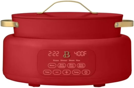 Beautiful 10-in-1 Electric Multi-Cooker by Drew Barrymore, 6-quart, digital display, 10 cooking functions, non-stick pot, easy one-touch control (Tomato Red)