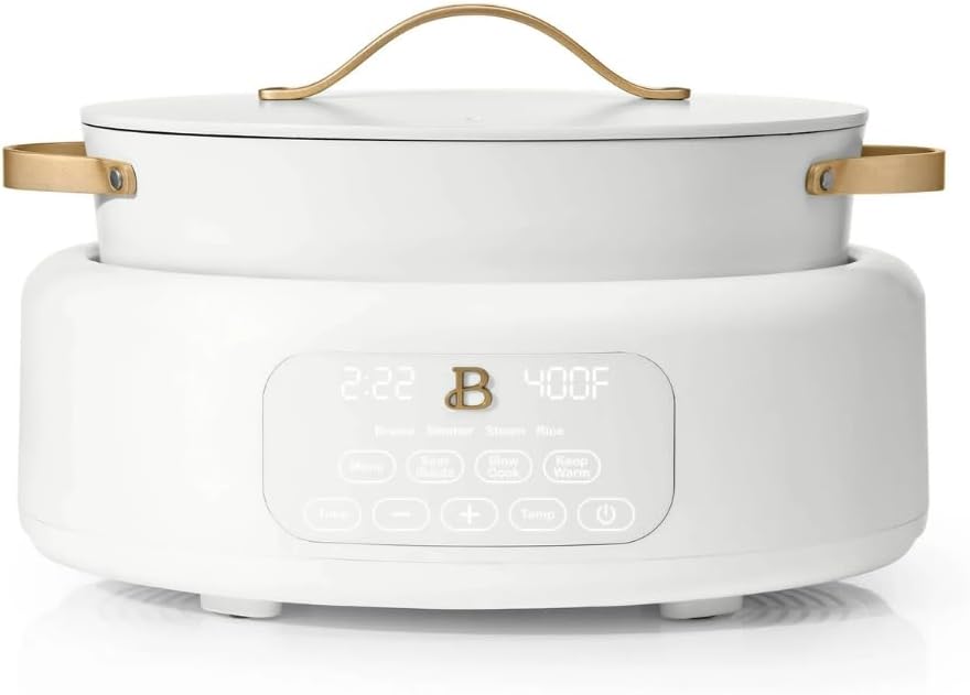 Beautiful 10-in-1 Electric Multi-Cooker by Drew Barrymore, 6-quart, digital display, 10 cooking functions, non-stick pot, easy one-touch control (White Icing)