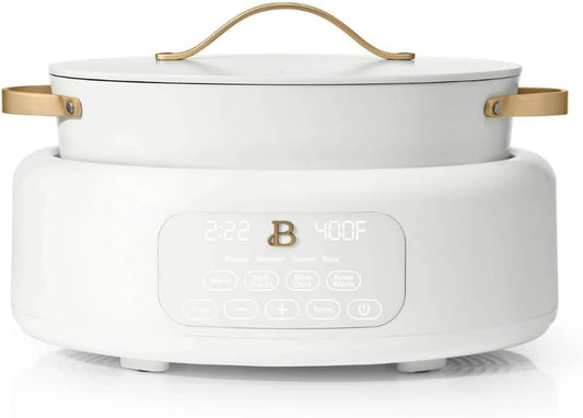Beautiful 10-in-1 Electric Multi-Cooker by Drew Barrymore, 6-quart, digital display, 10 cooking functions, non-stick pot, easy one-touch control (White Icing)