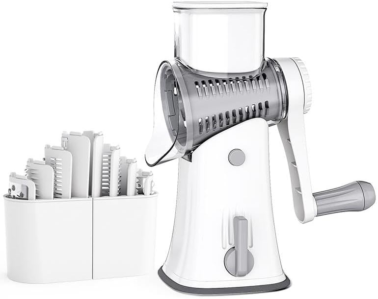 Rotary cheese grater with 5 different interchangeable blades vegetable cheese grater slicer with handle with non-slip suction cup base for kitchen for cheese, vegetables, fruits, white
