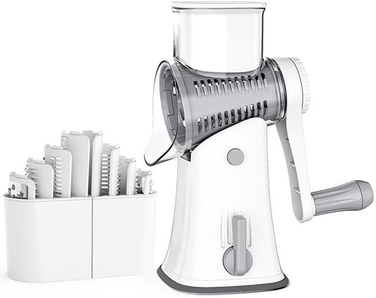 Rotary cheese grater with 5 different interchangeable blades vegetable cheese grater slicer with handle with non-slip suction cup base for kitchen for cheese, vegetables, fruits, white