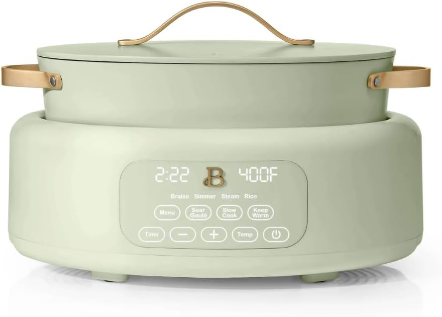 Beautiful 10-in-1 Electric Multi-Cooker by Drew Barrymore, 6-quart, digital display, 10 cooking functions, non-stick pot, easy one-touch control (Sage Green)
