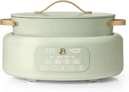 Beautiful 10-in-1 Electric Multi-Cooker by Drew Barrymore, 6-quart, digital display, 10 cooking functions, non-stick pot, easy one-touch control (Sage Green)