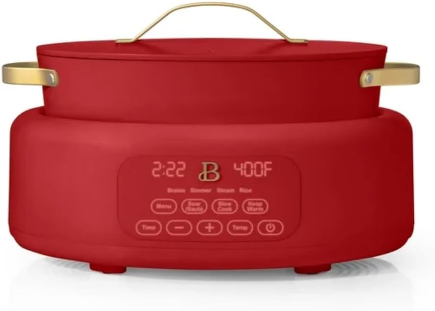 Beautiful 10-in-1 Electric Multi-Cooker by Drew Barrymore, 6-quart, digital display, 10 cooking functions, non-stick pot, easy one-touch control (Tomato Red)
