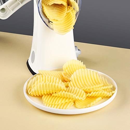 Rotary cheese grater with 5 different interchangeable blades vegetable cheese grater slicer with handle with non-slip suction cup base for kitchen for cheese, vegetables, fruits, white