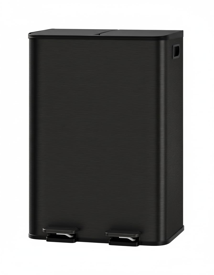 GarveeHome Dual Compartment Stainless Steel Trash Can, 16 Gal (2 x 8 Gal) Double Kitchen Recycling Bin with Lid, Step-On, Removable Inner Buckets, Liner Rim, Black