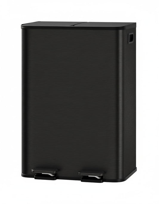 GarveeHome Dual Compartment Stainless Steel Trash Can, 16 Gal (2 x 8 Gal) Double Kitchen Recycling Bin with Lid, Step-On, Removable Inner Buckets, Liner Rim, Black