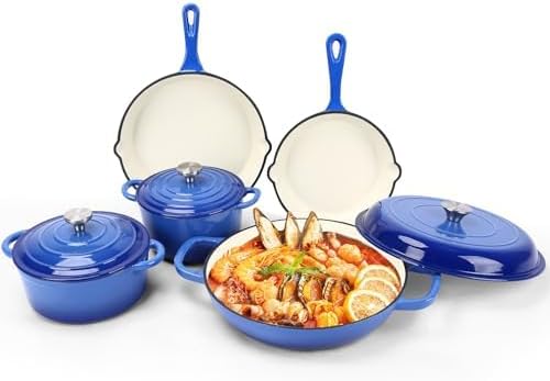 Nonstick Enameled Cast Iron Cookware Set - 8 Piece Pots and Pans with Lid, Frying Pan, Skillet, Dutch Oven Set for All Stovetops, Ideal for Sourdough Bread Baking, Comes with Organizer, Cobalt Blue