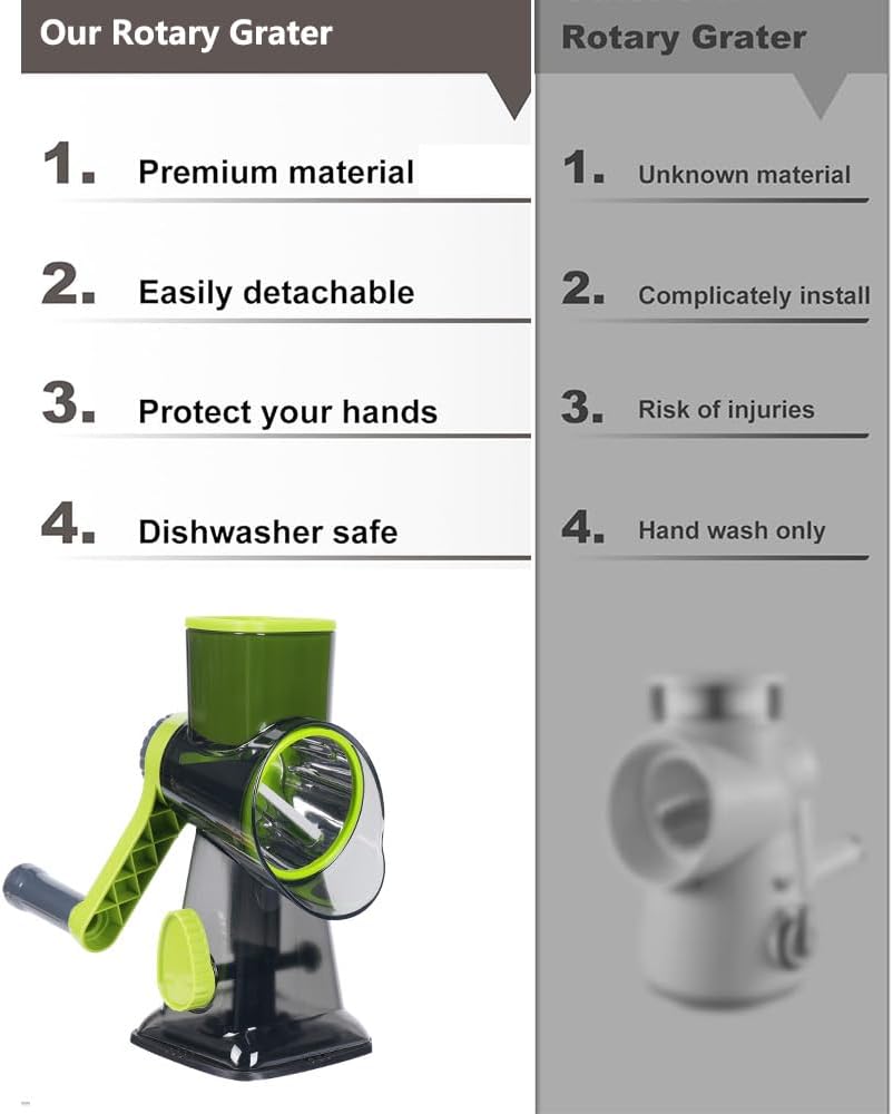 Rotary Cheese Grater with 3 Stainless Steel Blades, Hand Crank Vegetable Slicer, Suction Base, Green