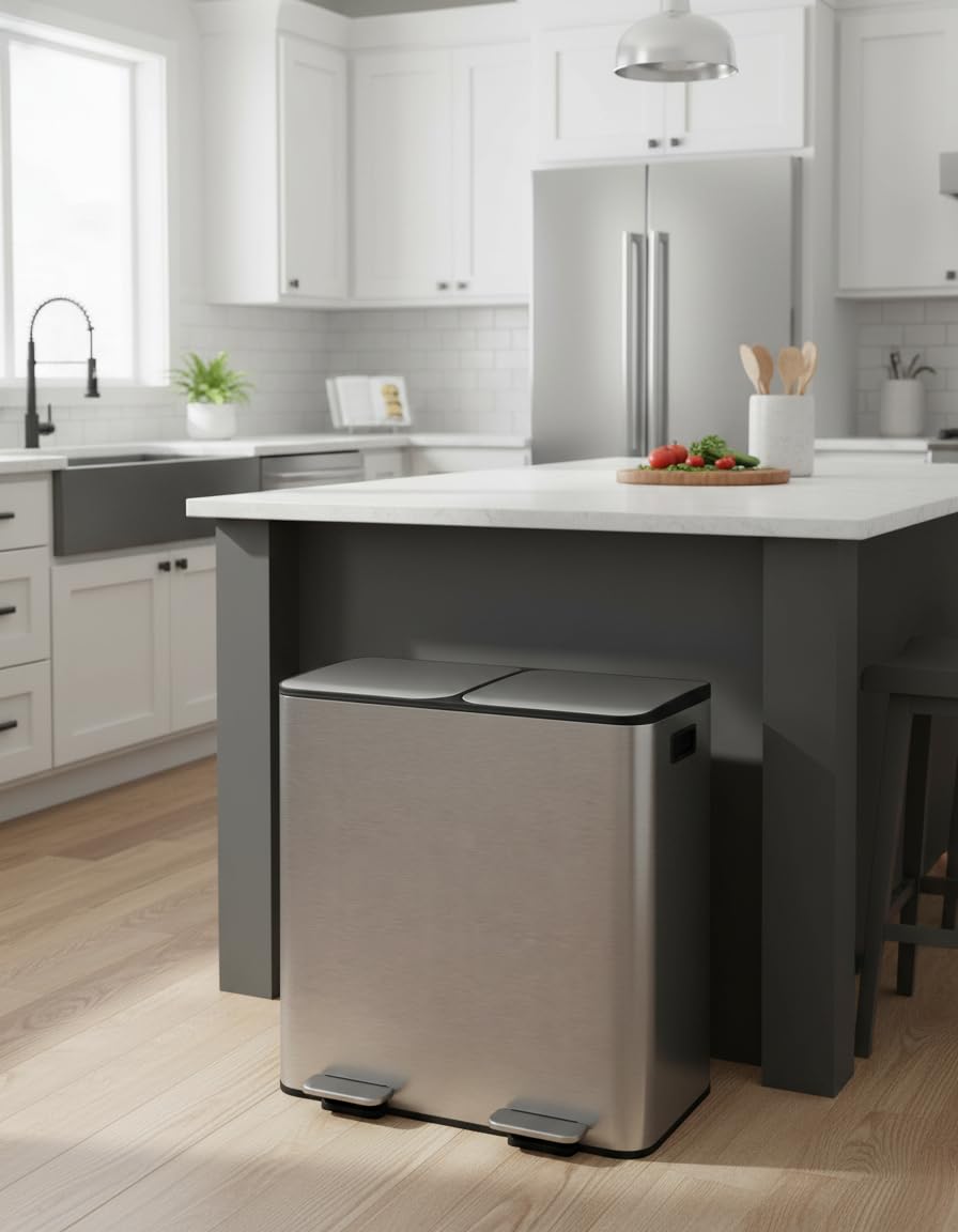 GarveeHome Double Trash Can for Kitchen, 21.2 Gallon (2 x 10.6 Gal) Dual Compartment Stainless Steel Step-On Bin with Lid, Removable PP Inner Buckets, Liner Rim, Grey