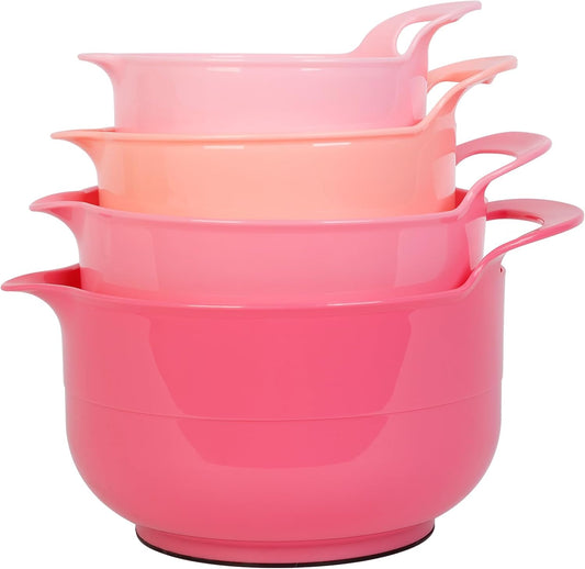 BoxedHome 4 Pack Nesting Mixing Bowl with Pour Spout and Handle, BPA free Microwave & Dishwasher Safe(Pink Gradient, 4 Pack with Handle)
