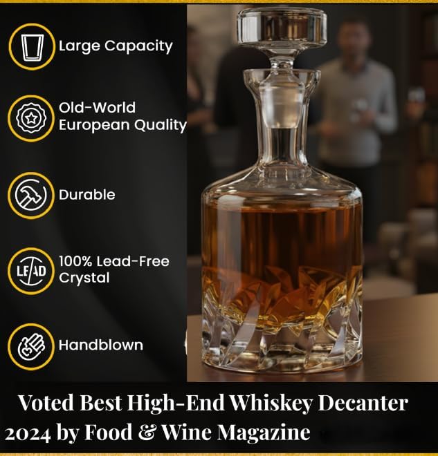 Voted Best High-End Whiskey Decanter 2024 by Food & Wine Magazine | Made in Europe | Hand-Blown Beveled Blade Decanter | 34 Fl. Oz | 100% Lead-Free Crystal | Gift Box | Elegant Design
