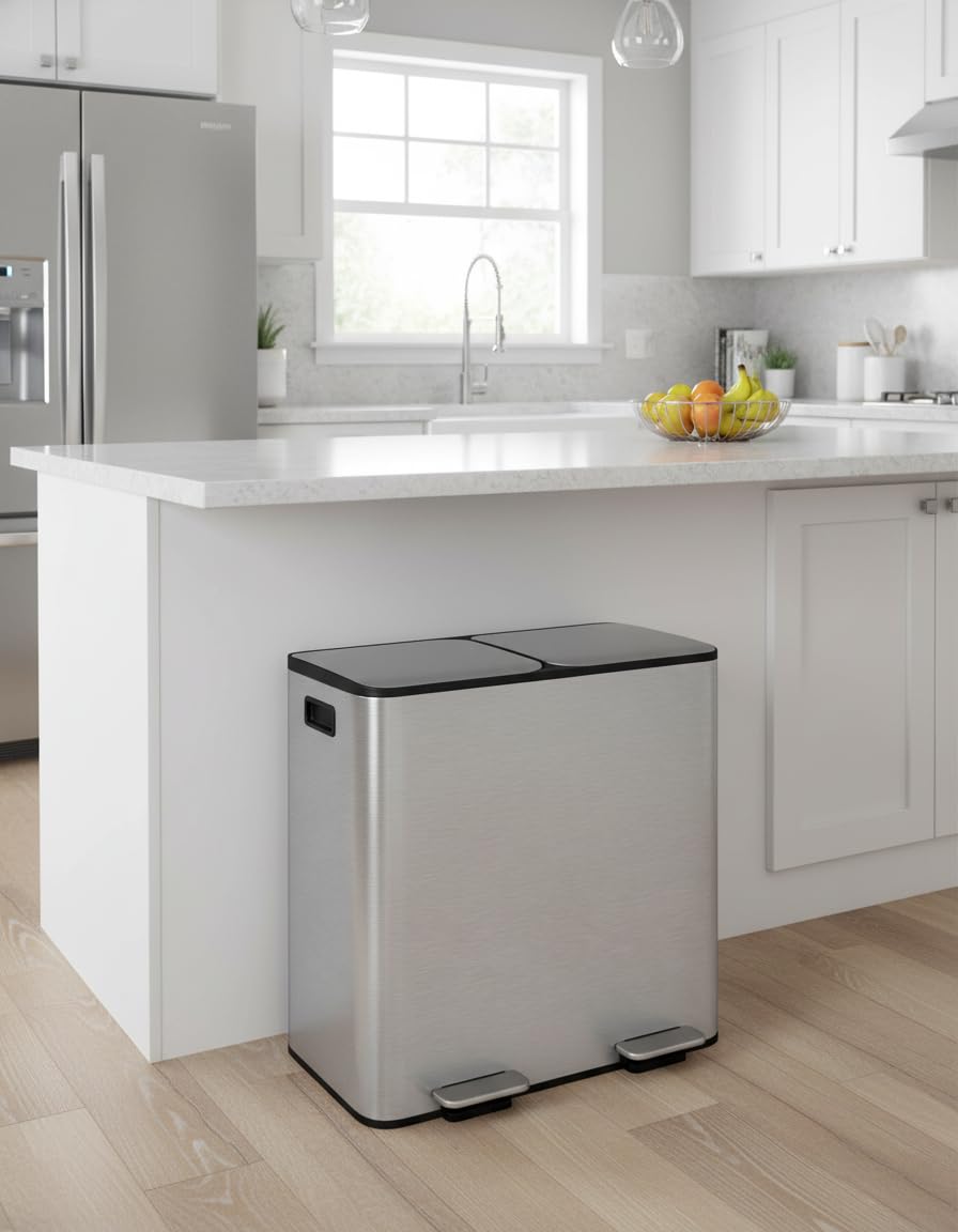 GarveeHome Double Trash Can for Kitchen, 21.2 Gallon (2 x 10.6 Gal) Dual Compartment Stainless Steel Step-On Bin with Lid, Removable PP Inner Buckets, Liner Rim, Grey