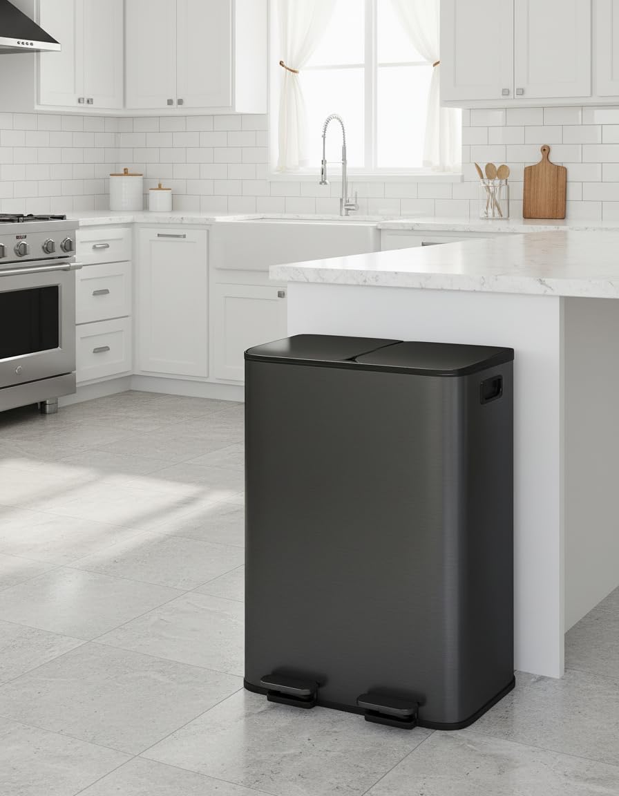GarveeHome Dual Compartment Stainless Steel Trash Can, 16 Gal (2 x 8 Gal) Double Kitchen Recycling Bin with Lid, Step-On, Removable Inner Buckets, Liner Rim, Black