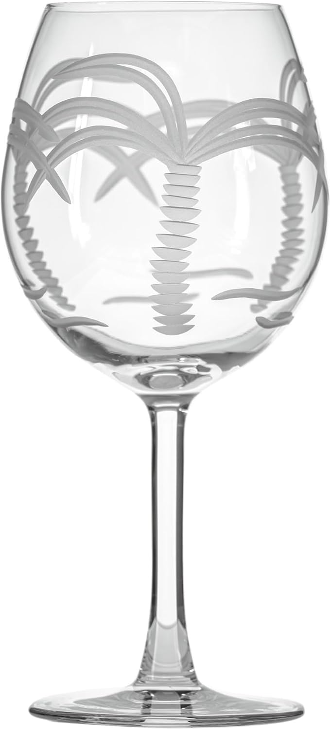 Rolf Glass Palm Tree Balloon Wine Glass | 18oz Red Wine Glasses | Lead-Free and Diamond-Wheel Engraved Crystal Glass | Coastal Design | Made in the USA | Set of 4