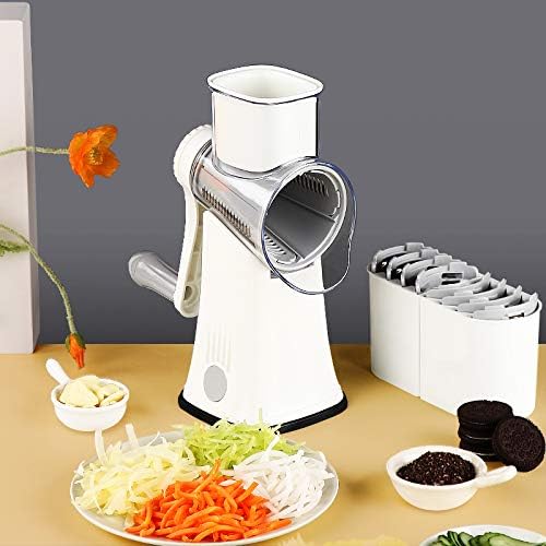 Rotary cheese grater with 5 different interchangeable blades vegetable cheese grater slicer with handle with non-slip suction cup base for kitchen for cheese, vegetables, fruits, white