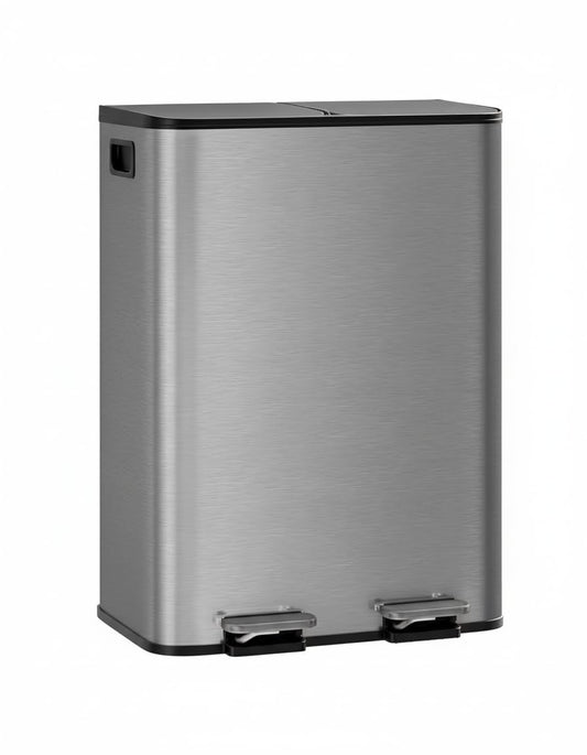 GarveeHome Double Trash Can for Kitchen, 16 Gal (2 x 8 Gal) Stainless Steel Dual Compartment Step-On Garbage & Recycle Bin Combo with Lids, Grey