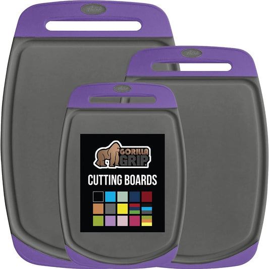 GORILLA GRIP BPA-Free Reversible Kitchen Cutting Board Set of 3, US Designed, Nonporous, Juice Grooves Catch Liquid, Slip Resistant Border, Dishwasher Safe, Durable Food Chopping Boards, Purple Gray