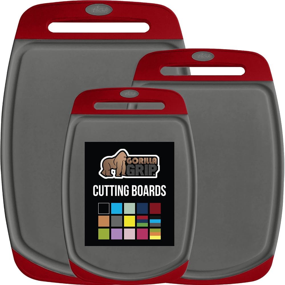 GORILLA GRIP BPA-Free Reversible Kitchen Cutting Board Set of 3, US Designed, Nonporous, Juice Grooves Catch Liquid, Slip Resistant Border, Dishwasher Safe, Durable Large Food Chopping Boards Red Gray