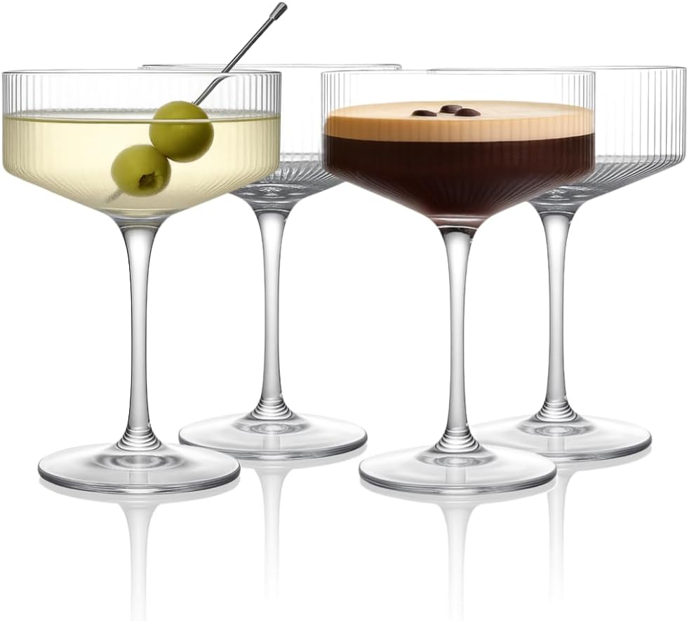 LEMONSODA Clear & Ribbed Martini Coupe Glasses - Classic Barware for Espresso Martini, Manhattan, Cosmopolitan – Handcrafted Luxury Glassware for Home Entertaining (Ribbed 9.5oz, Set of 4)