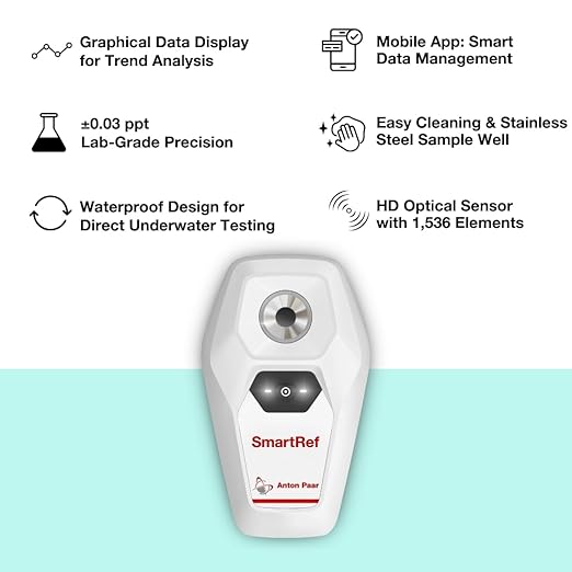 SmartRef Digital Refractometer by Anton Paar- Salinity Meter for Saltwater Aquariums, Reef Tank | Waterproof, ATC, 0.1 ppt Resolution, ±0.3 ppt Precision, 0-150 ppt Range, App-operated data management