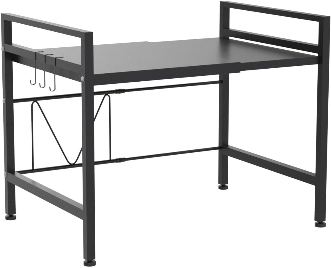 PUSDON Extendable Microwave Oven Rack, Adjustable Microwave/Toaster Shelf Heavy Duty Stand Kitchen Counter Top Organizer, 2 Tier with 3 Hooks, 160lbs Weight Capacity, Black