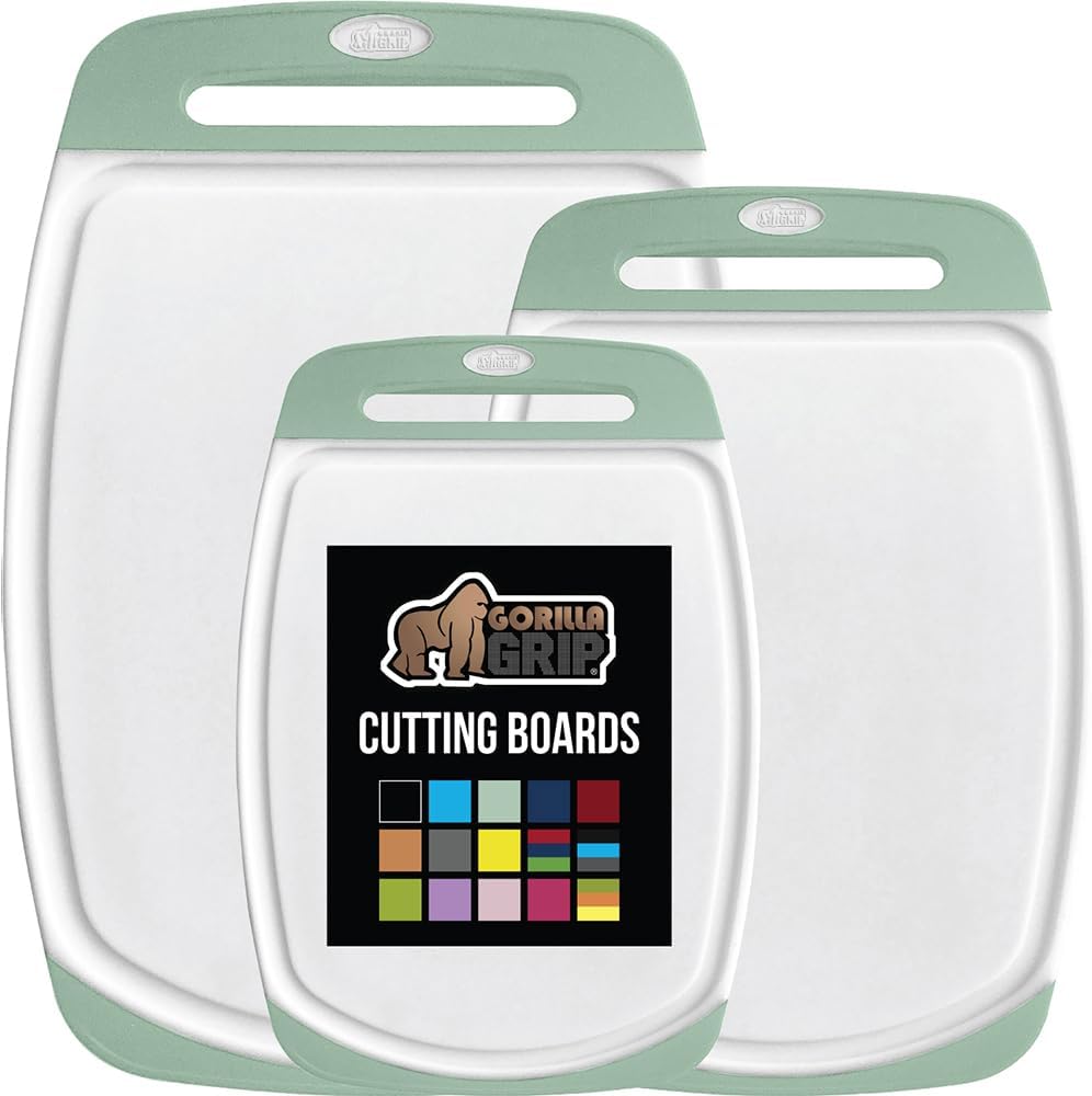 GORILLA GRIP BPA-Free Reversible Kitchen Cutting Board Set of 3, US Designed, Nonporous, Juice Grooves Catch Liquid, Slip Resistant Border, Dishwasher Safe, Durable Large Food Chopping Boards, Mint