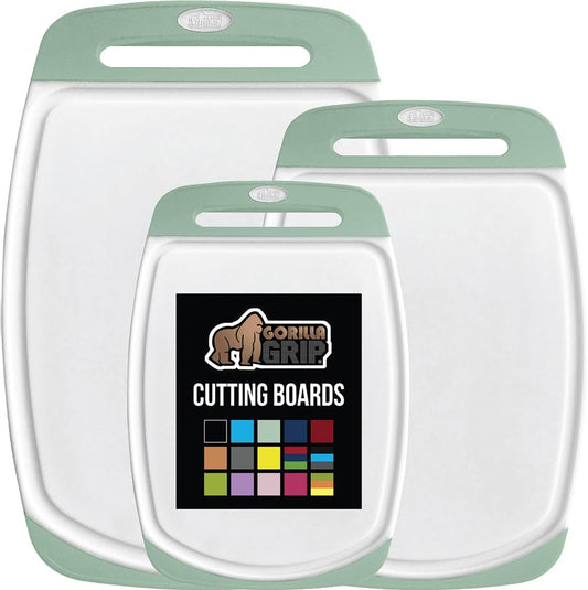 GORILLA GRIP BPA-Free Reversible Kitchen Cutting Board Set of 3, US Designed, Nonporous, Juice Grooves Catch Liquid, Slip Resistant Border, Dishwasher Safe, Durable Large Food Chopping Boards, Mint
