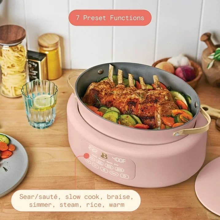 Beautiful™ 10-in-1 Electric Multi-Cooker, 6 Quart –Rose, by Drew Barrymore, Slow Cook, Sauté, Steam, Rice, Pressure Cook, Sear, Warm & More, Programmable Digital Display, Dishwasher-Safe Pot