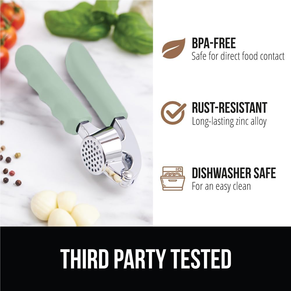 GORILLA GRIP Garlic Press and Peel Set, Heavy Duty Mincer Tool, Large Ergonomic Handle, Easily Mince and Crush Garlics, Ginger, Nuts, Seeds, Peeler Included, Peeling Cloves, Kitchen Gadgets, Mint