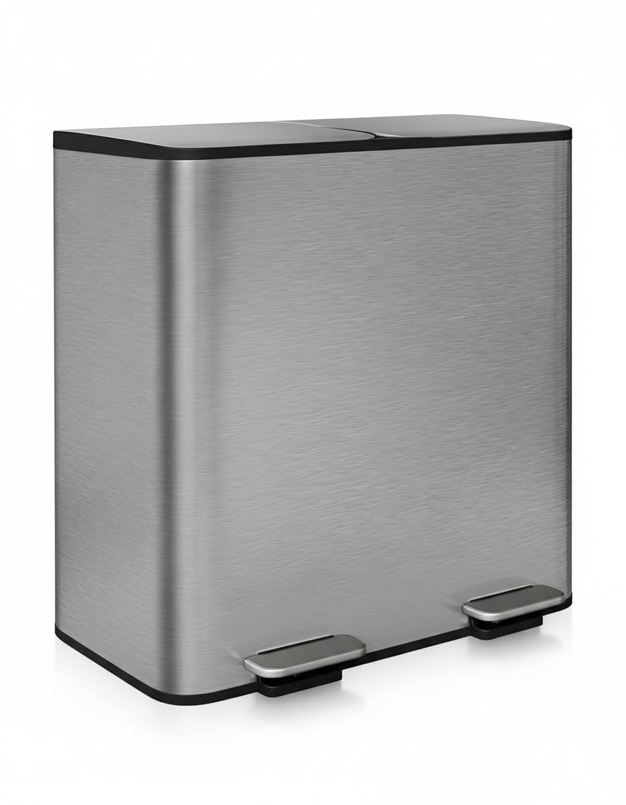 GarveeHome Double Trash Can for Kitchen, 21.2 Gallon (2 x 10.6 Gal) Dual Compartment Stainless Steel Step-On Bin with Lid, Removable PP Inner Buckets, Liner Rim, Grey