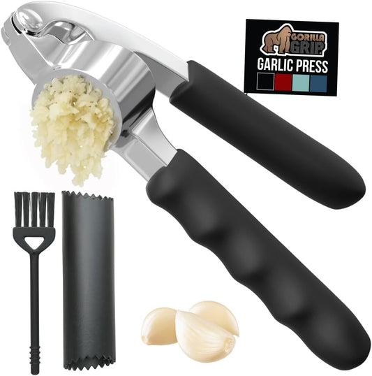 GORILLA GRIP Garlic Press and Peel Set, Heavy Duty Mincer Tool, Large Ergonomic Handle, Easily Mince, Crush Garlics Ginger Nuts, Peeler Included for Peeling Cloves, Holiday Prep Kitchen Gadgets, Black