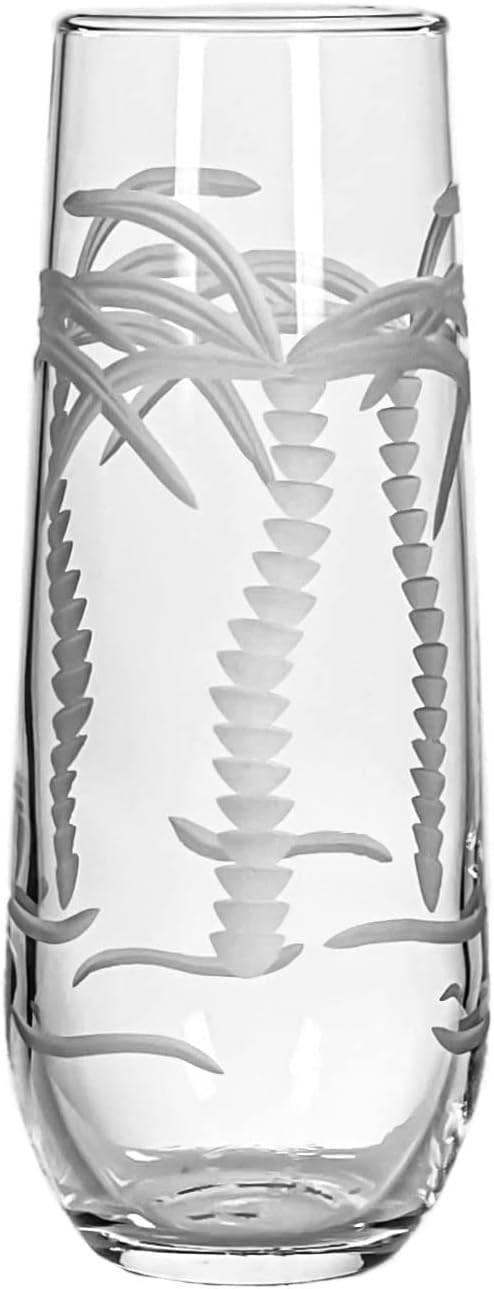 Rolf Glass Palm Tree Stemless Champagne Flute Glasses 8.5 ounce | Toasting Flute Glasses | Lead-Free Glass | Etched Flute Glasses | Proudly Made in the USA (Set of 2)