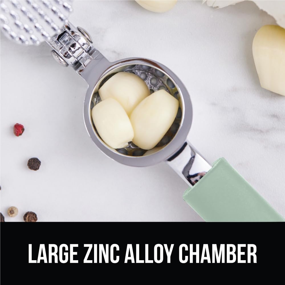 GORILLA GRIP Garlic Press and Peel Set, Heavy Duty Mincer Tool, Large Ergonomic Handle, Easily Mince and Crush Garlics, Ginger, Nuts, Seeds, Peeler Included, Peeling Cloves, Kitchen Gadgets, Mint