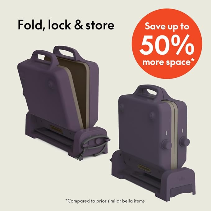 bella 10"x 20" Ceramic Fold-n-Store Dual Temp Griddle, Fits-anywhere Kitchenware, EverGood Ceramic Nonstick Coating, 2 Temperature Zones up to 400°F, Dishwasher Safe Drip Tray, 1500 Watt, Plum