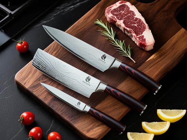 3-Piece Kitchen Knife Set, Chef Knife, Utility Knife & Paring Knife for Precise Cutting, 3 Piece High Carbon Stainless Steel Professional Chef Knife Set with Wooden Handle, Ultra Sharp Blade