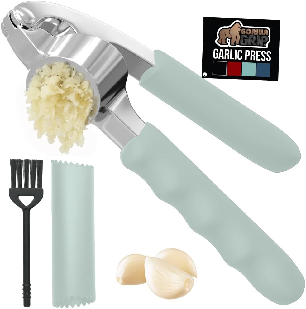 GORILLA GRIP Garlic Press and Peel Set, Heavy Duty Mincer Tool, Large Ergonomic Handle, Easily Mince and Crush Garlics, Ginger, Nuts, Seeds, Peeler Included, Peeling Cloves, Kitchen Gadgets, Mint