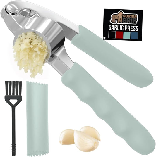 GORILLA GRIP Garlic Press and Peel Set, Heavy Duty Mincer Tool, Large Ergonomic Handle, Easily Mince and Crush Garlics, Ginger, Nuts, Seeds, Peeler Included, Peeling Cloves, Kitchen Gadgets, Mint