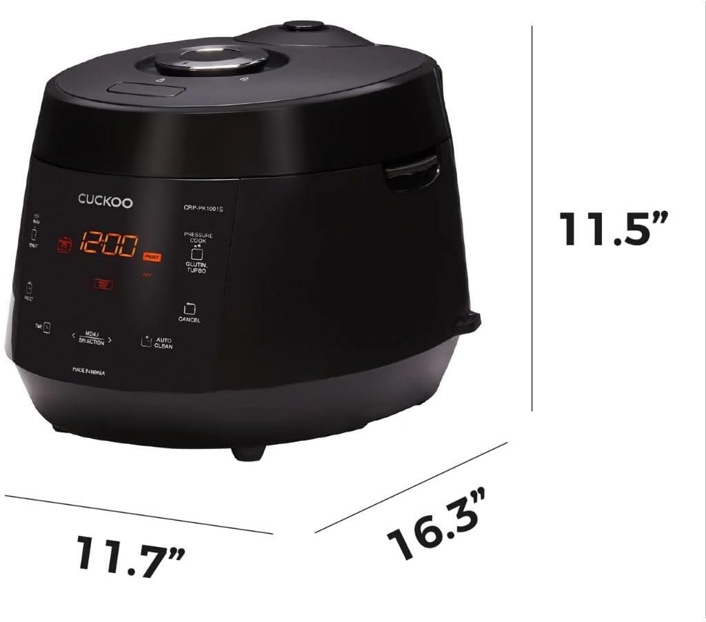 CUCKOO High Pressure Rice Cooker 10-Cup Uncooked / 20-Cup Cooked with Nonstick Inner Pot, Large Rice Maker with 13 Menu Options and Steam Plate, Fuzzy Logic Tech, Auto Clean, Black (CRP-PK1001S)