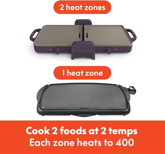 bella 10"x 20" Ceramic Fold-n-Store Dual Temp Griddle, Fits-anywhere Kitchenware, EverGood Ceramic Nonstick Coating, 2 Temperature Zones up to 400°F, Dishwasher Safe Drip Tray, 1500 Watt, Plum
