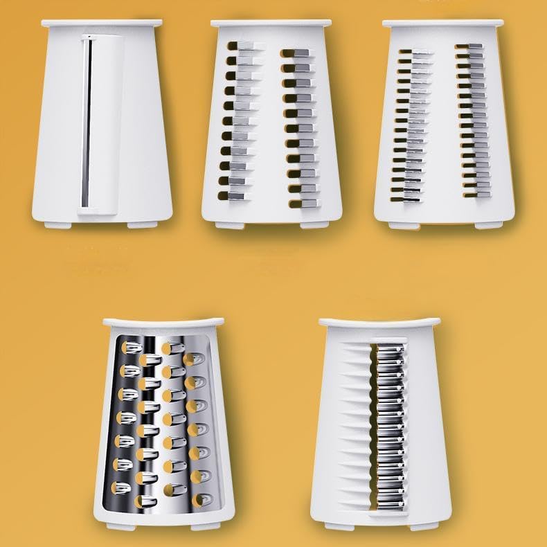 Rotary cheese grater with 5 different interchangeable blades vegetable cheese grater slicer with handle with non-slip suction cup base for kitchen for cheese, vegetables, fruits, white