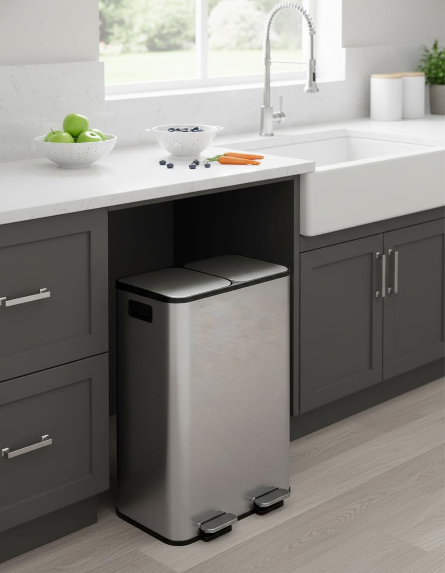 GarveeHome Double Trash Can for Kitchen, 16 Gal (2 x 8 Gal) Stainless Steel Dual Compartment Step-On Garbage & Recycle Bin Combo with Lids, Grey