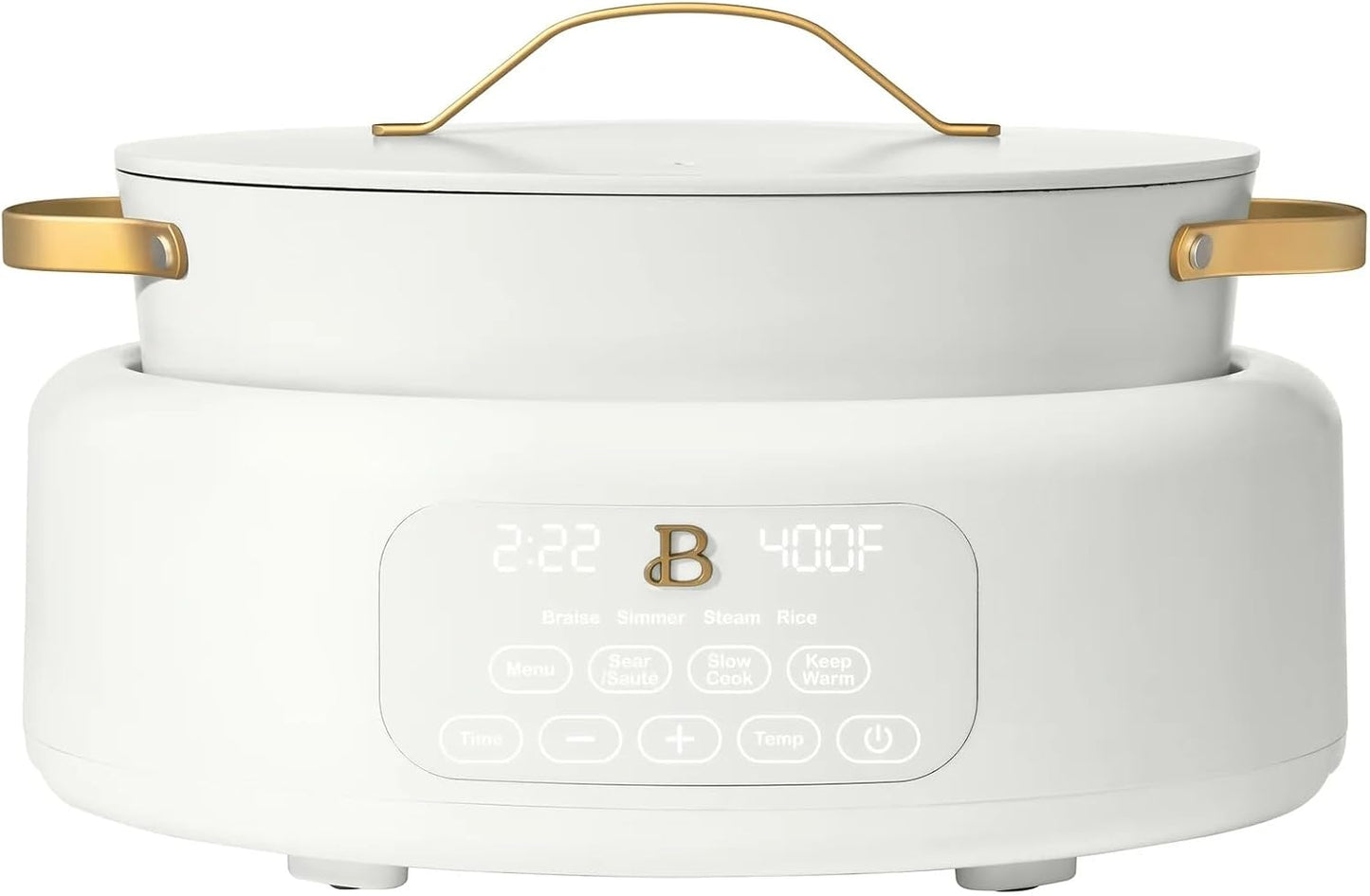 Beautiful 10-in-1 Electric Multi-Cooker by Drew Barrymore, 6-quart, digital display, 10 cooking functions, non-stick pot, easy one-touch control (White Icing)