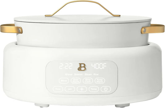 Beautiful 10-in-1 Electric Multi-Cooker by Drew Barrymore, 6-quart, digital display, 10 cooking functions, non-stick pot, easy one-touch control (White Icing)