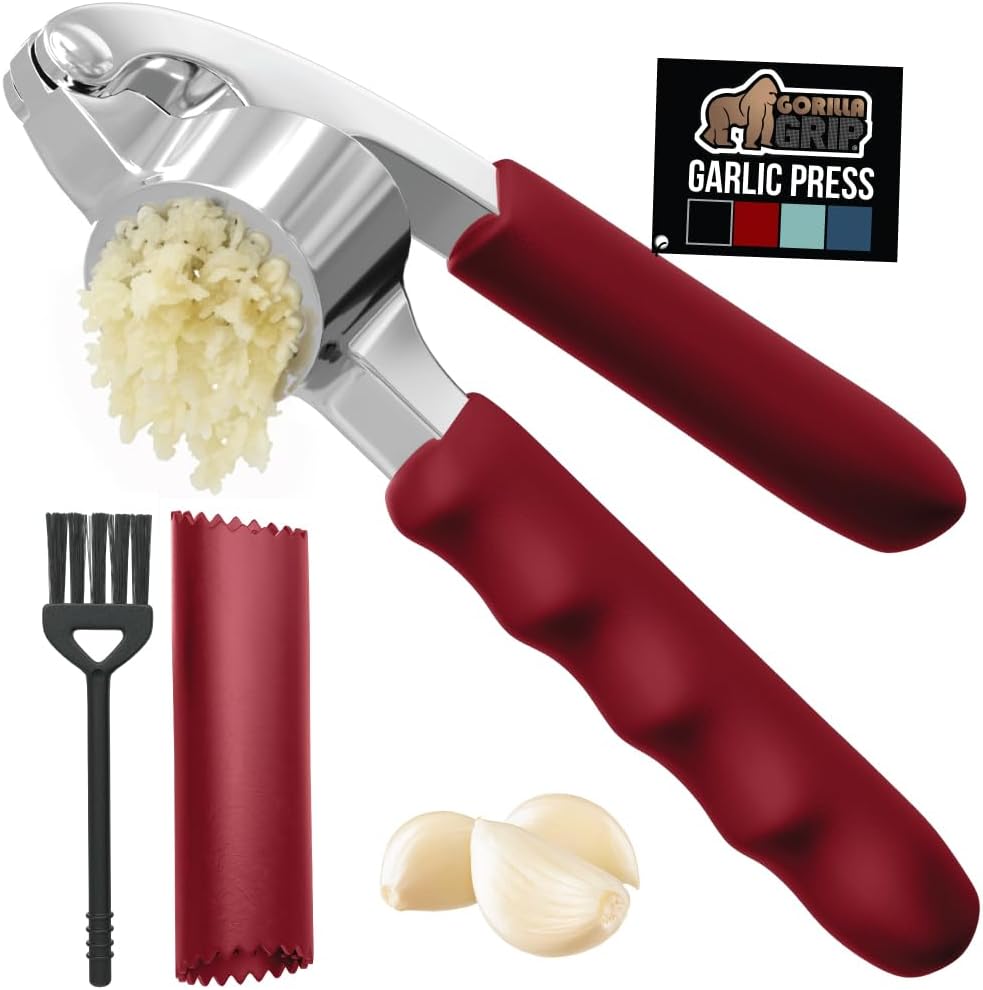 GORILLA GRIP Garlic Press and Peel Set, Heavy Duty Mincer Tool, Large Ergonomic Handle, Easily Mince and Crush Garlics, Ginger, Nuts, Seeds, Peeler Included, Peeling Cloves, Kitchen Gadgets, Red