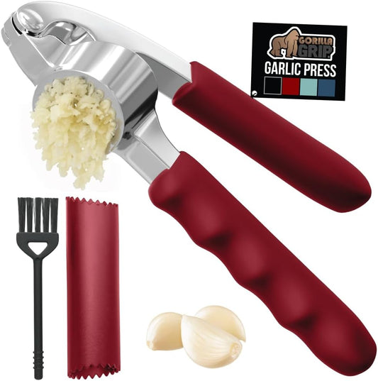 GORILLA GRIP Garlic Press and Peel Set, Heavy Duty Mincer Tool, Large Ergonomic Handle, Easily Mince and Crush Garlics, Ginger, Nuts, Seeds, Peeler Included, Peeling Cloves, Kitchen Gadgets, Red